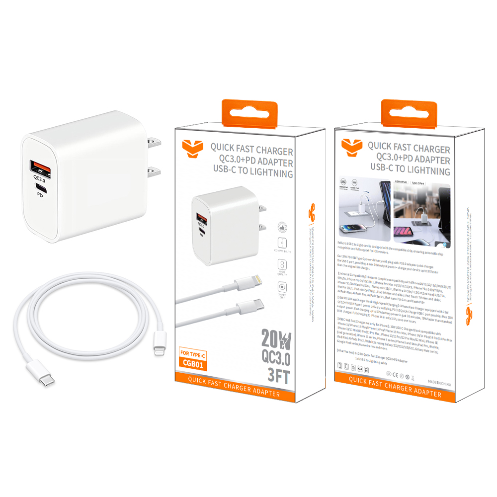 CGB01  20W QC3.0+PD wall charger +20W 3FT USB-C to Lightning Cable