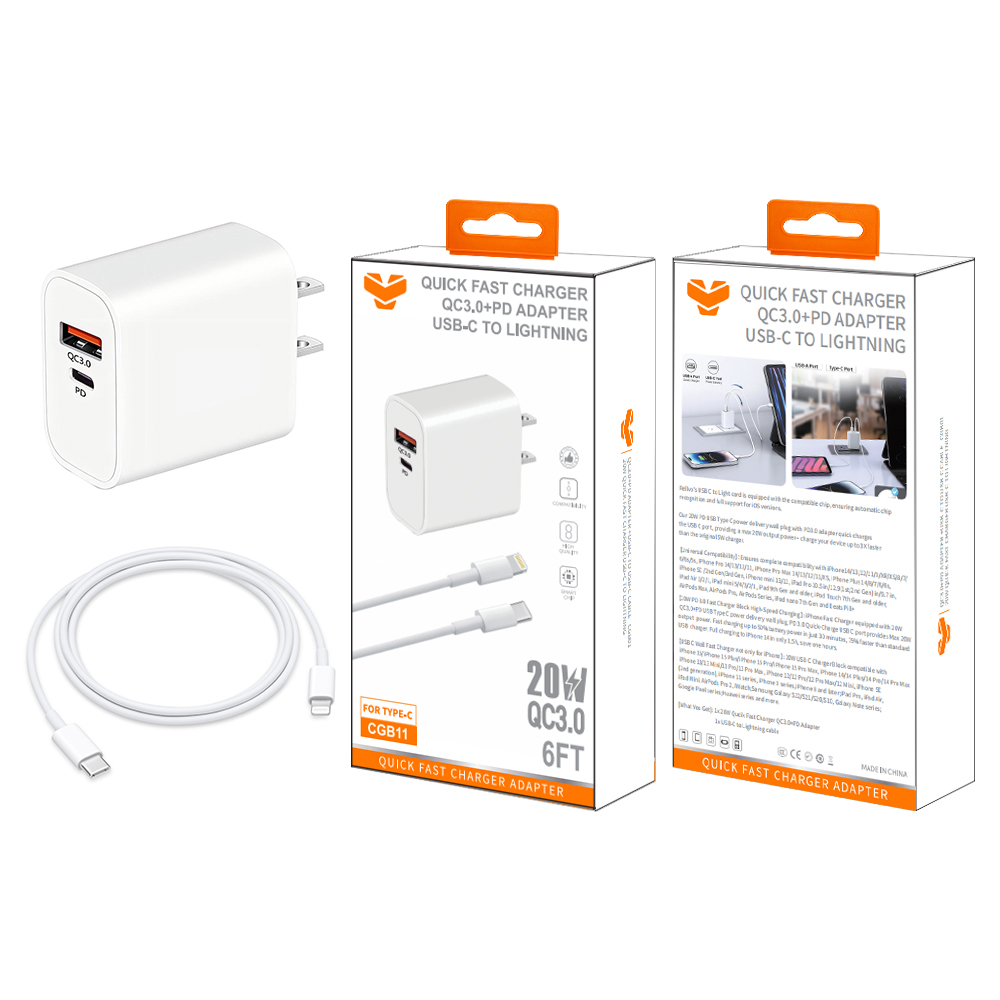 CGB11  20W QC3.0+PD wall charger +20W 6FT USB-C to Lightning Cable
