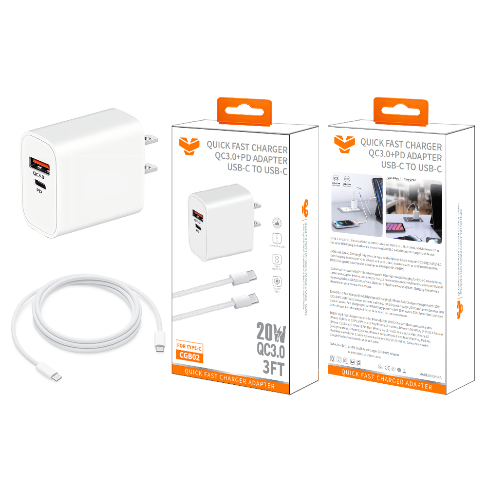 CGB02  20W QC3.0+PD wall charger +60W  3FT USB-C to USB-C Cable