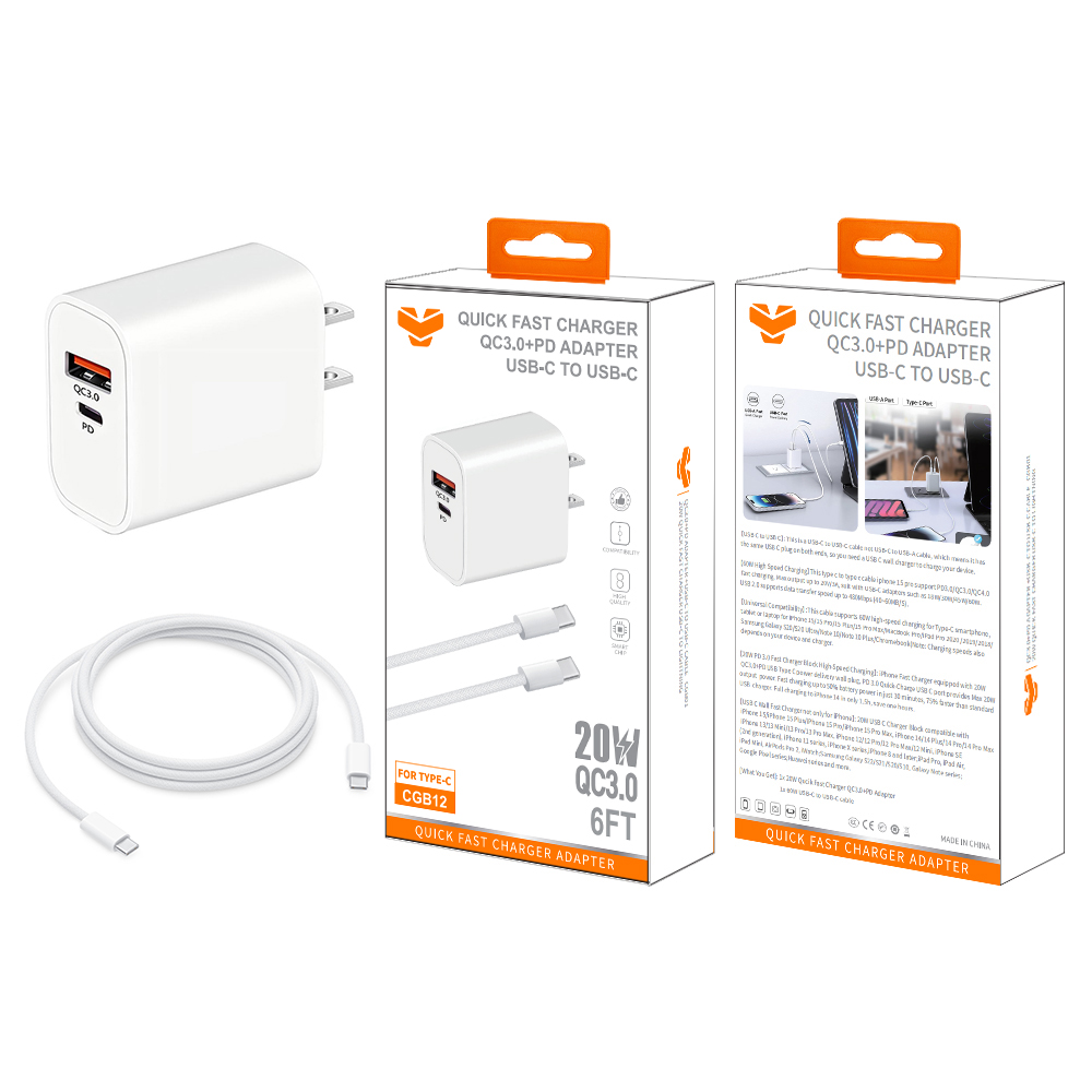 CGB12  20W QC3.0+PD wall charger +60W  6FT USB-C to USB-C Cable