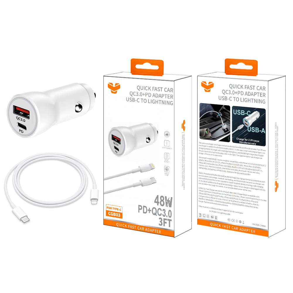CGB03  48W QC3.0+PD car charger +20W 3FT USB-C to Lightning Cable