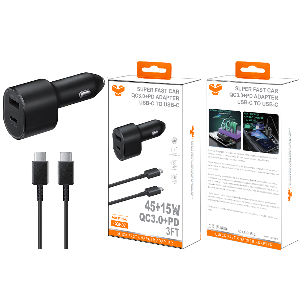CGB07  45W+15W PD+QC3.0 Car charger +60W USB-C to USB-C Cable