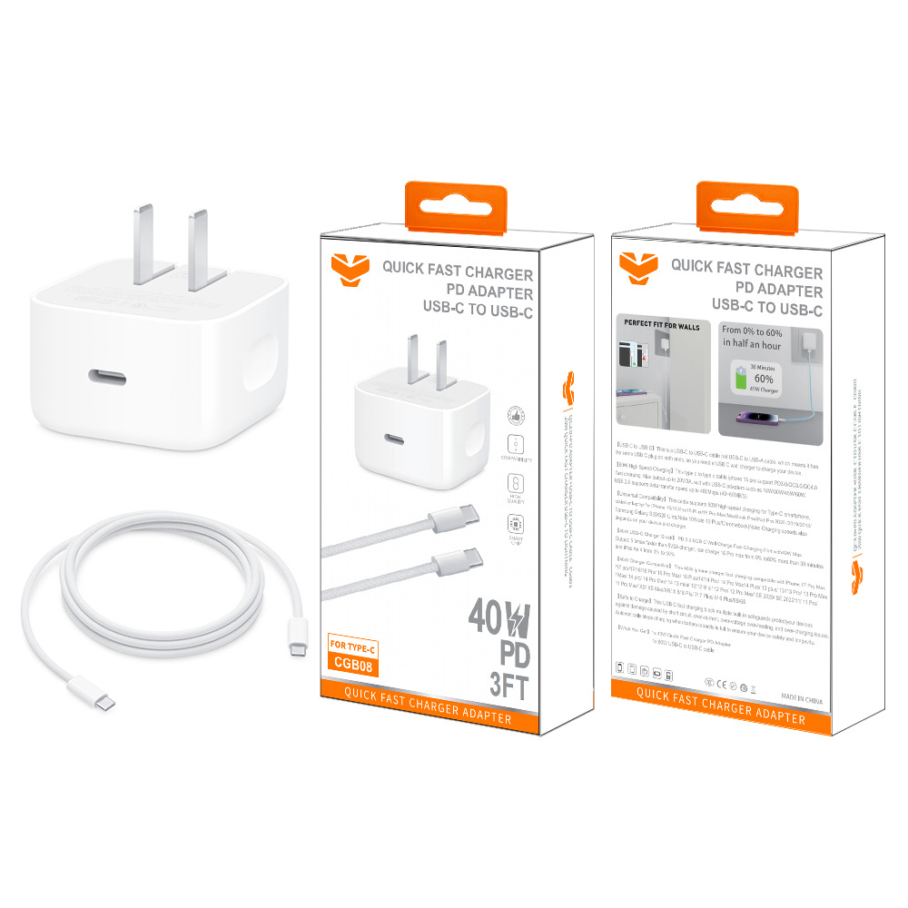 CGB08  40W PD Wall charger+3FT 60W USB-C to USB-C