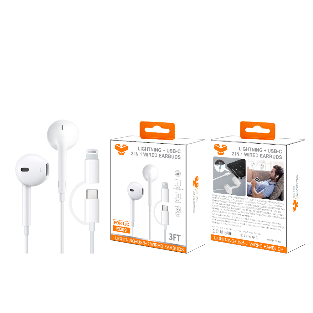 EB09 2 in 1 Lightning+USB-C wired earbuds